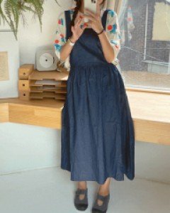 에디론 데님 멜빵 원피스