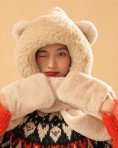 3컬러 포켓 페이크퍼 곰돌이 머플러 따뜻한 후드넥워머 귀여운 제니밍크 털목도리 곰모자