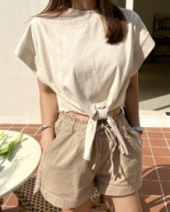 리본 베이직 크롭티셔츠