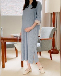 임부복*심플배색플리츠 임산부원피스(7부소매)