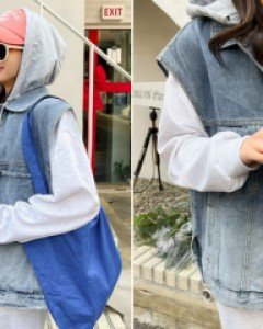 모니 루즈 후드 데님 조끼