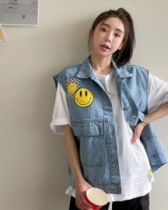 체스 스마일 데님 박스 조끼