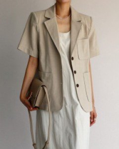 Motif half-sleeved linen jacket