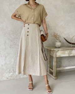 Linen Button Half-Banding Skirt