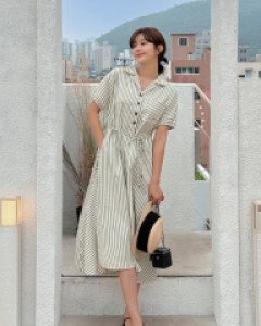 Striped half-open shirt dress