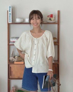 linen striped shirring blouse