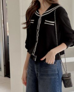 Sailor color combination knit cardigan