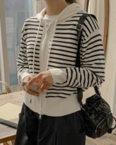 Striped hooded zip-up cardigan