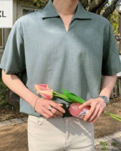 Cool Hazel open collar short sleeved T-shirt M~3XL(95 to 120)