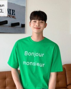 Bonjour pastel lettering short sleeved T-shirt M~3XL(95 to 115)