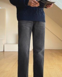 Once-Be Black Washing Semi-Wide Denim Pants S~XL(28~34)