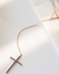 14K 블루 큐빅 더블 십자가 롱 Y 목걸이